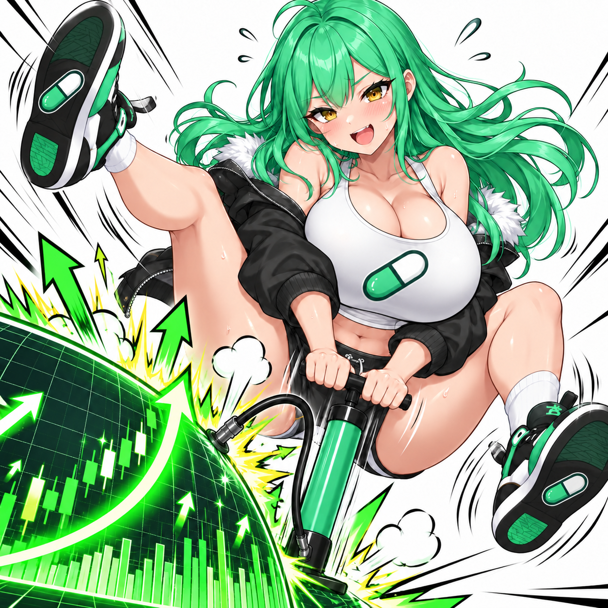 Green-haired anime mascot pumping up a rising crypto chart